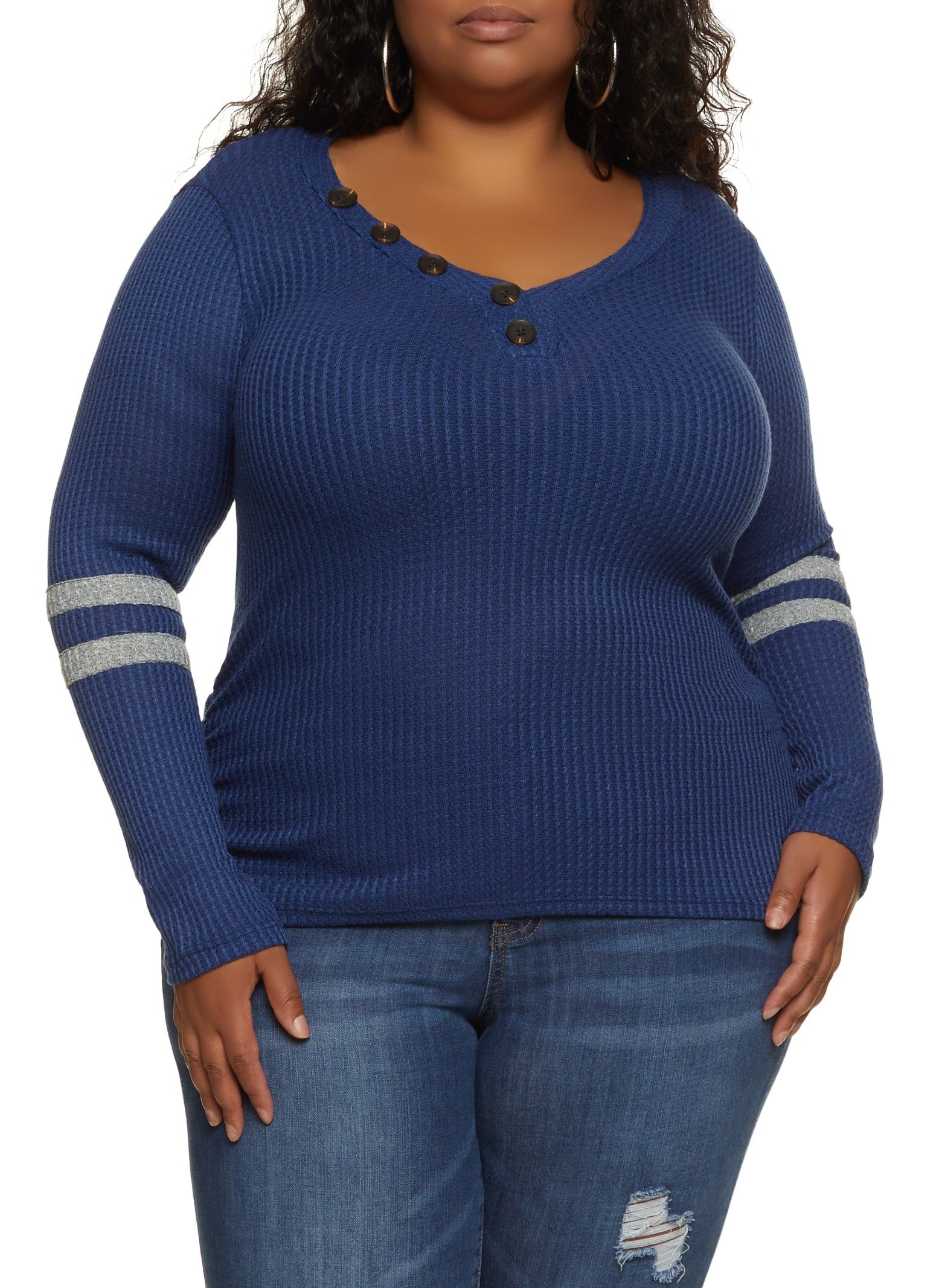Plus Size Waffle Knit Faux Button Detail Top sold by Rainbow