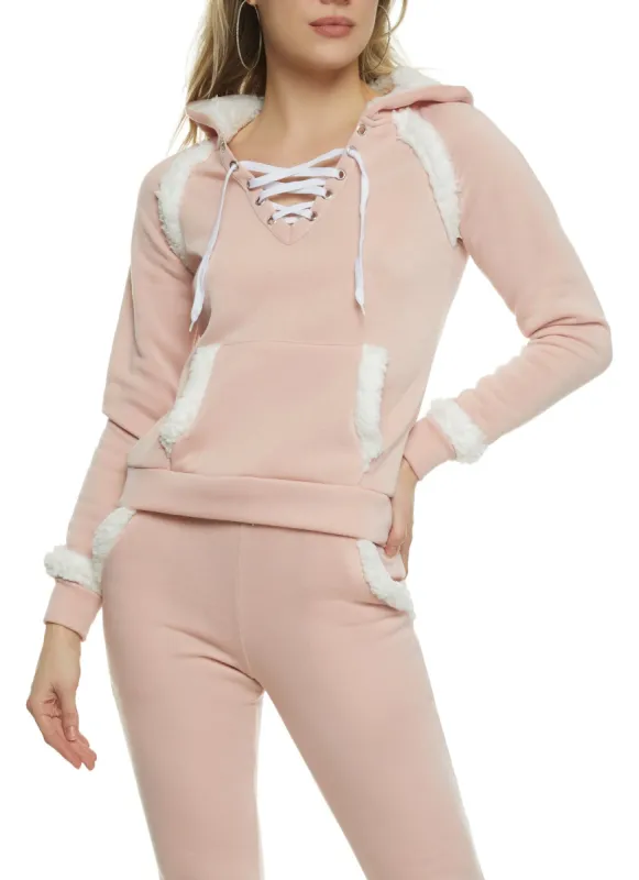 Sherpa Lined Lace Up Pullover Hoodie sold by Rainbow