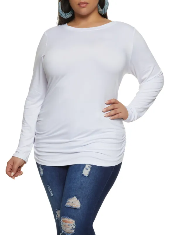 Plus Size Basic Ruched Crew Neck Top sold by Rainbow