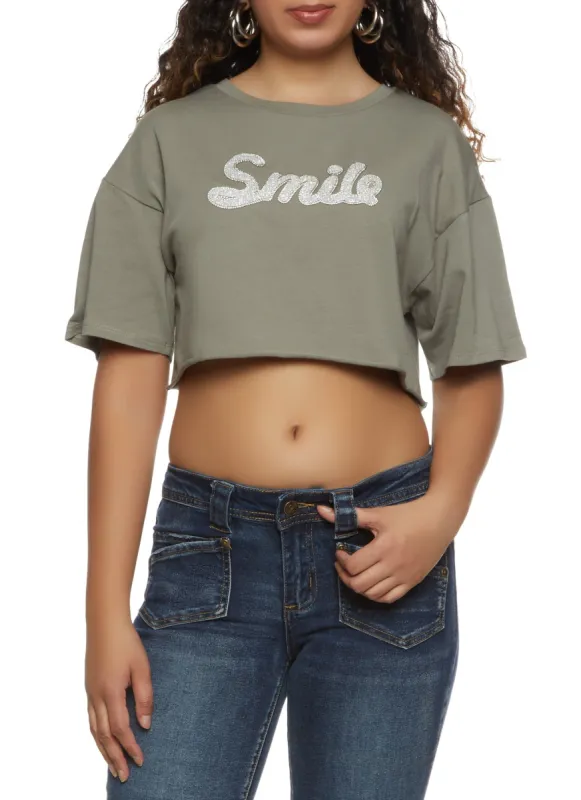 Smile Rhinestone Cropped Graphic Tee sold by Rainbow