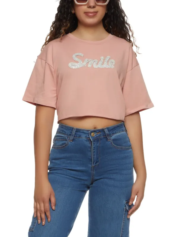 Smile Rhinestone Cropped Graphic Tee sold by Rainbow