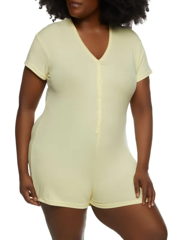 Plus Size Ribbed V Neck Pajama Romper sold by Rainbow