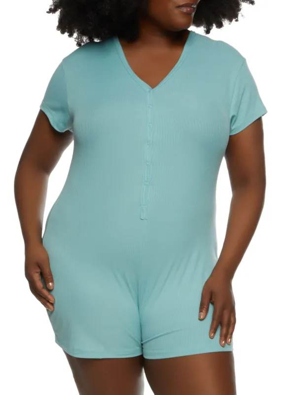 Plus Size Ribbed V Neck Pajama Romper sold by Rainbow