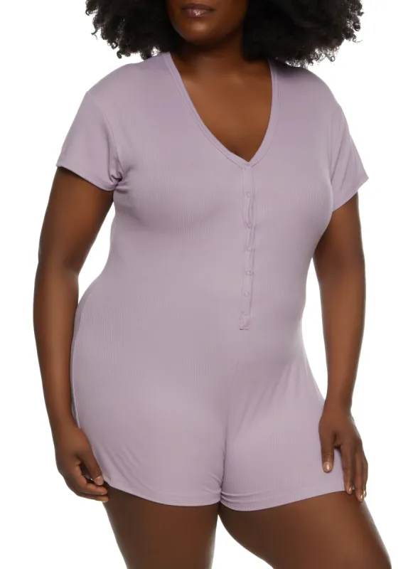 Plus Size Ribbed V Neck Pajama Romper sold by Rainbow