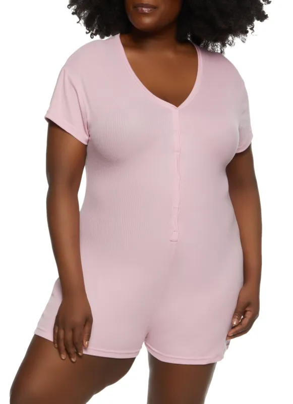 Plus Size Ribbed V Neck Pajama Romper sold by Rainbow