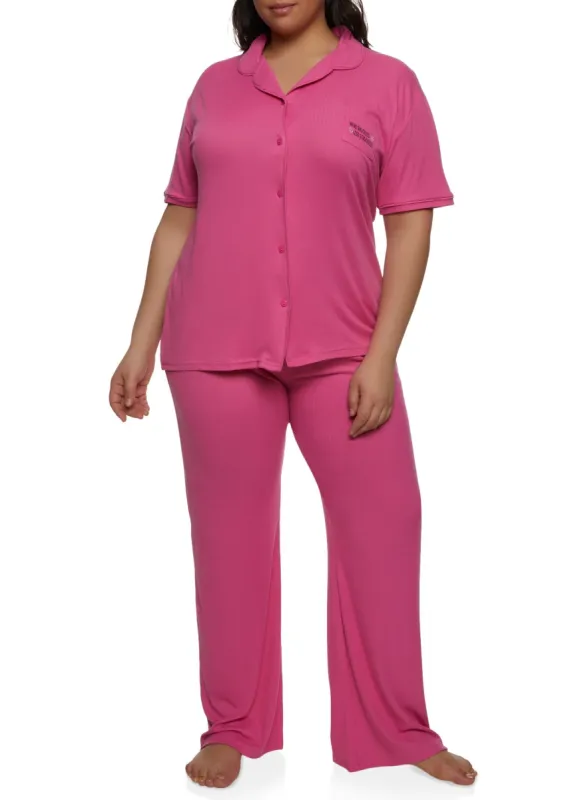 Plus Size Rib Knit Graphic Pocket Pajama Shirt and Pants sold by Rainbow