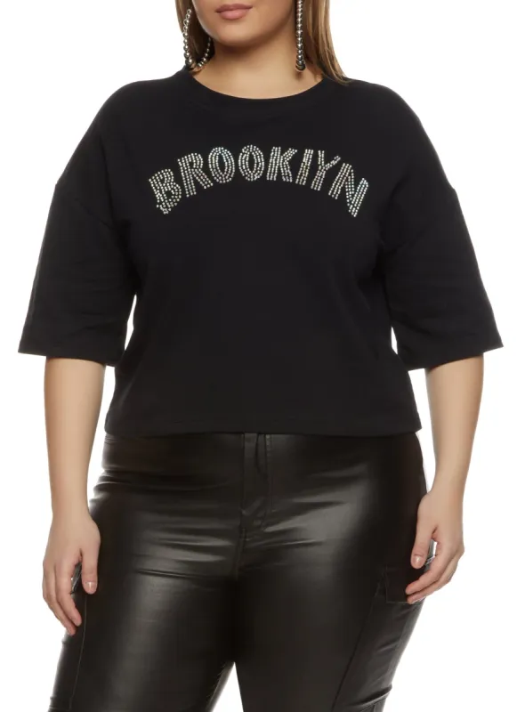 Plus Size Rhinestone Brooklyn Drop Shoulder Tee sold by Rainbow