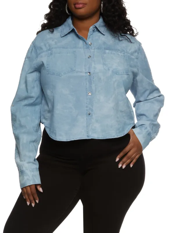 Plus Size Rhinestone Sleeve Denim Shirt sold by Rainbow