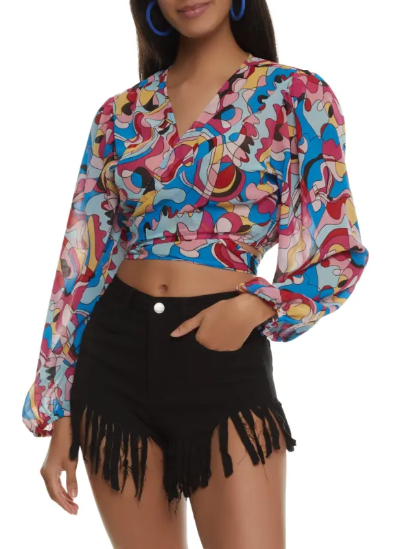 Abstract Print Cropped Wrap Blouse sold by Rainbow