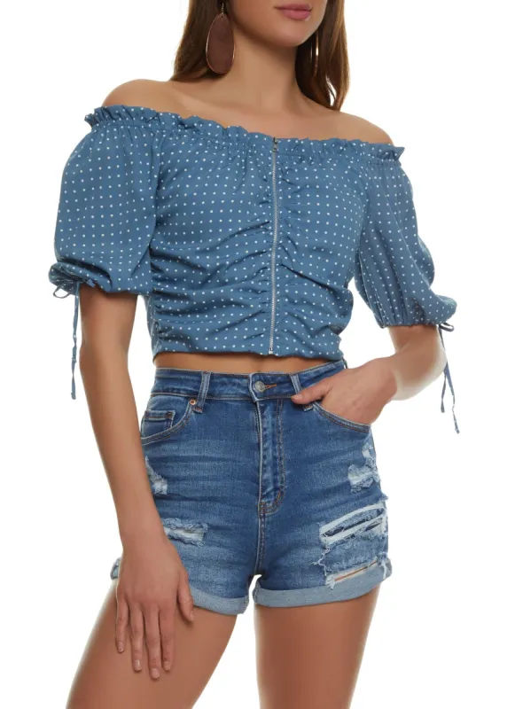 Polka Dot Ruched Zip Front Off the Shoulder Top sold by Rainbow