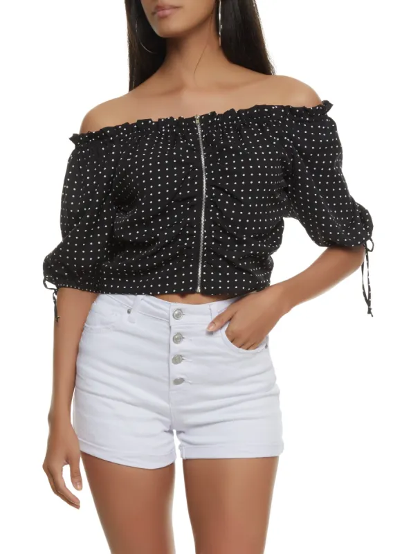 Polka Dot Ruched Zip Front Off the Shoulder Top sold by Rainbow