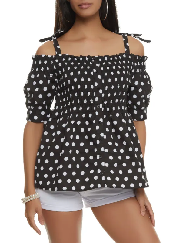 Polka Dot Smocked Cold Shoulder Top sold by Rainbow