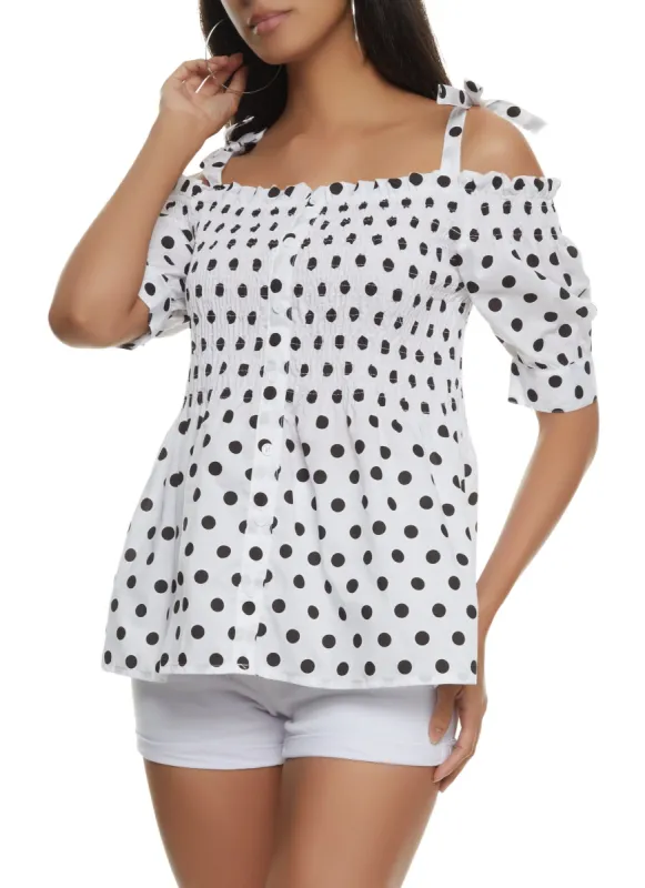 Polka Dot Smocked Cold Shoulder Top sold by Rainbow