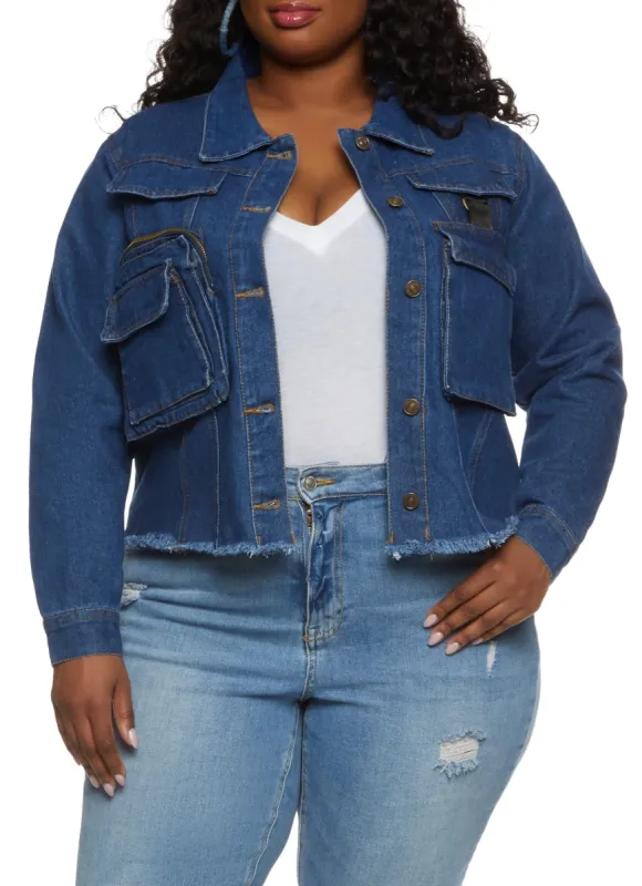 Plus Size Frayed Hem Cargo Pocket Jean Jacket sold by Rainbow