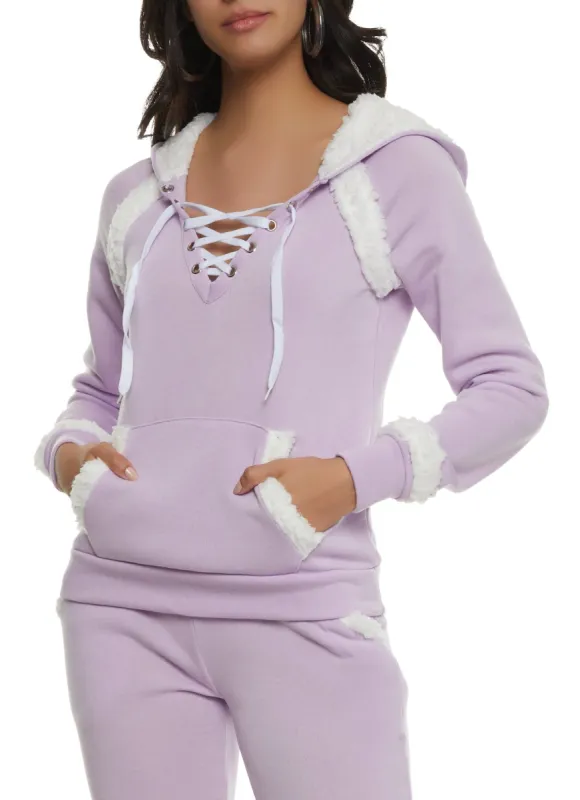 Sherpa Lined Lace Up Pullover Hoodie sold by Rainbow