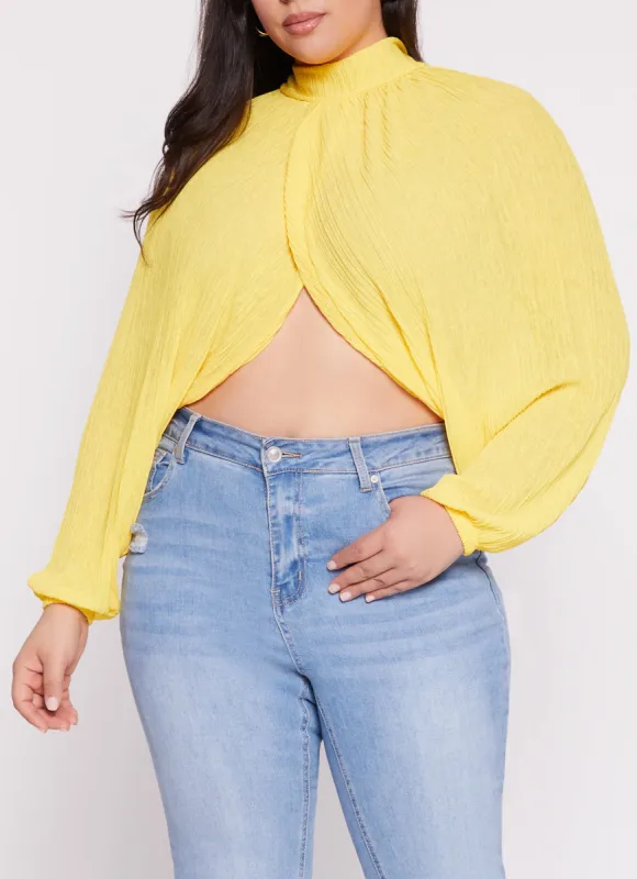 Plus Size Chiffon Mock Neck Long Sleeve Crop Top sold by Rainbow