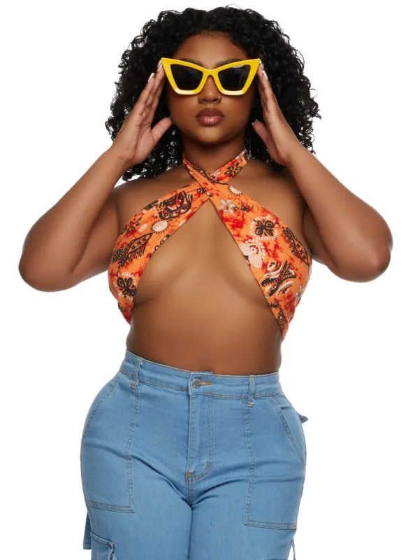 Almost Famous Printed Twist Front Halter Crop Top sold by Rainbow