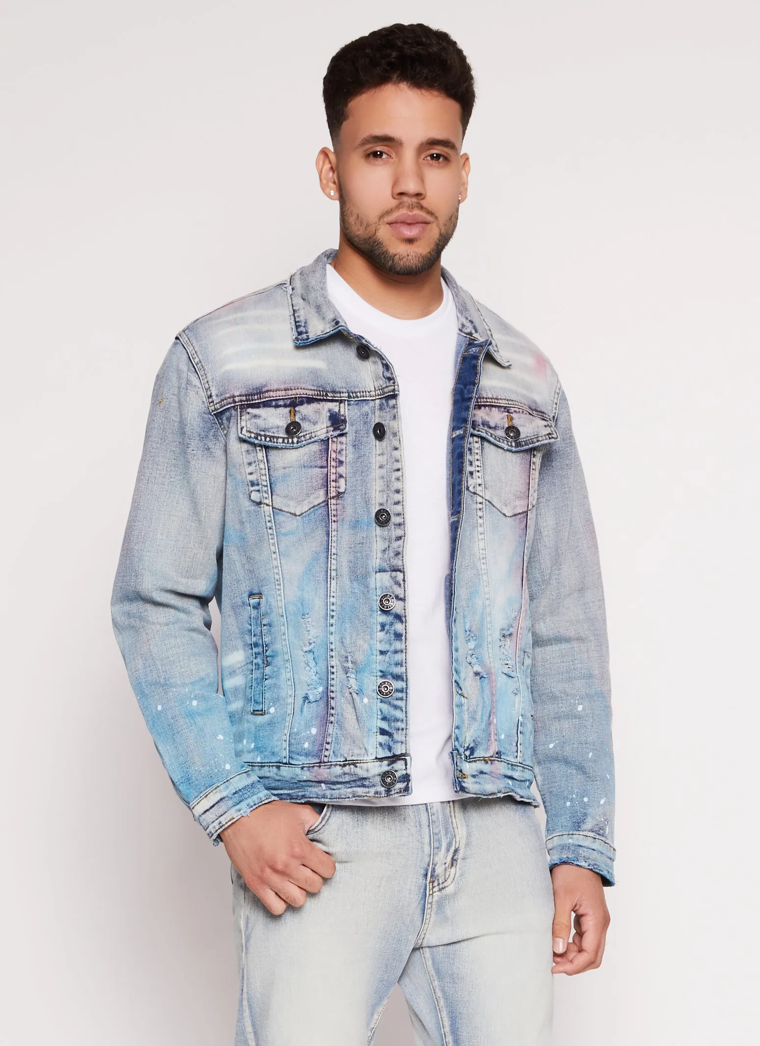 Mens Paint Splatter Distressed Jean Jacket sold by Rainbow