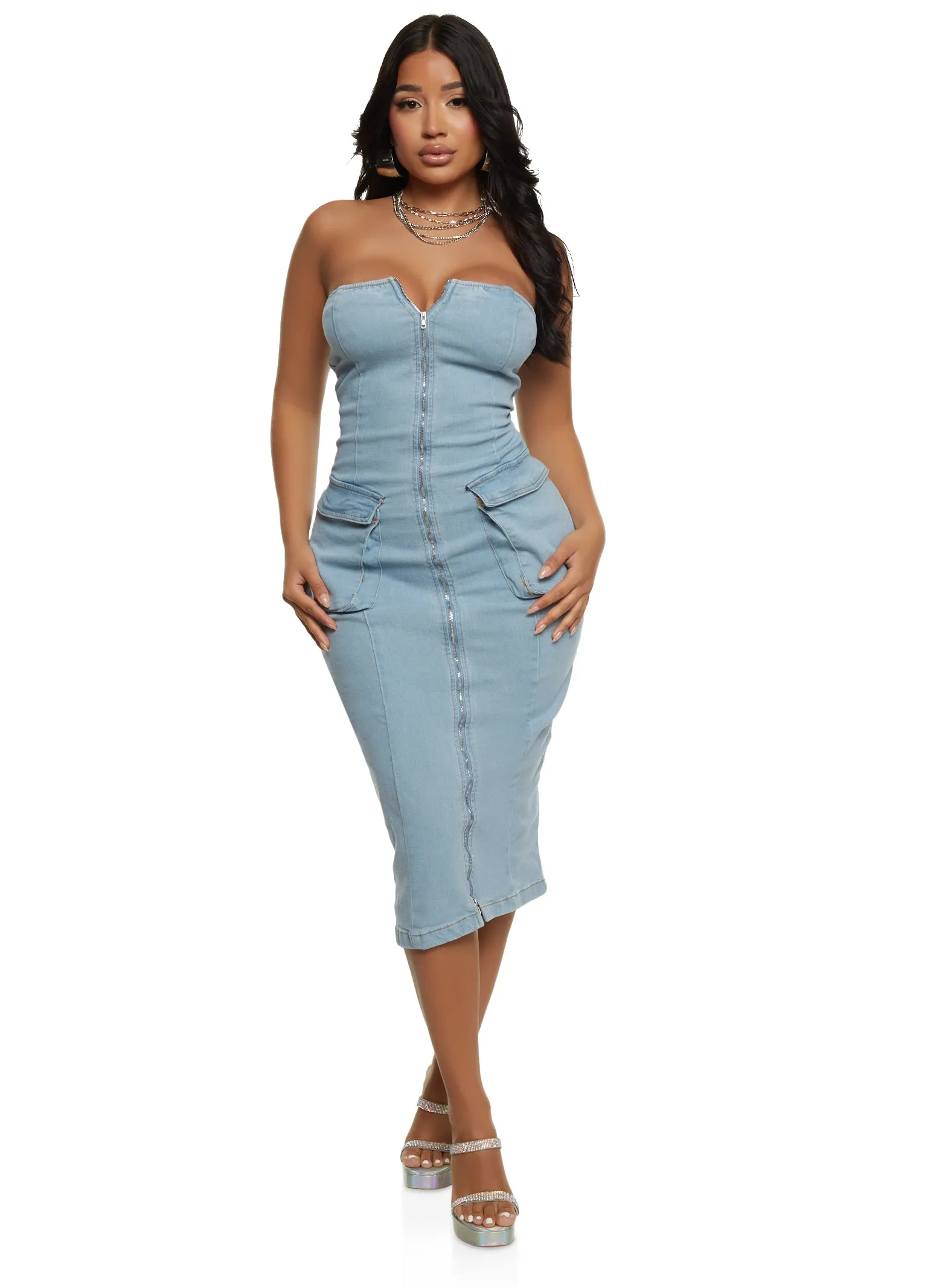 Daisy Denim Zip Front Cargo Pocket Midi Dress sold by Rainbow product image thumbnail 2
