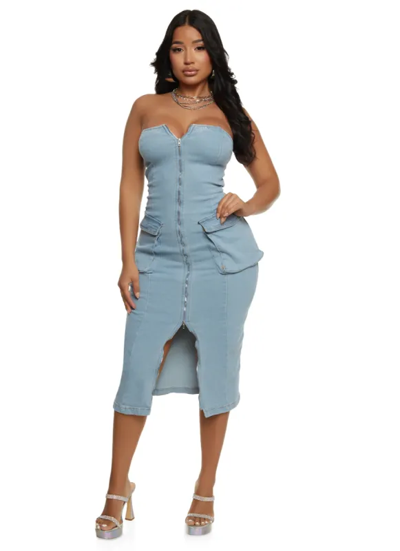 Daisy Denim Zip Front Cargo Pocket Midi Dress sold by Rainbow