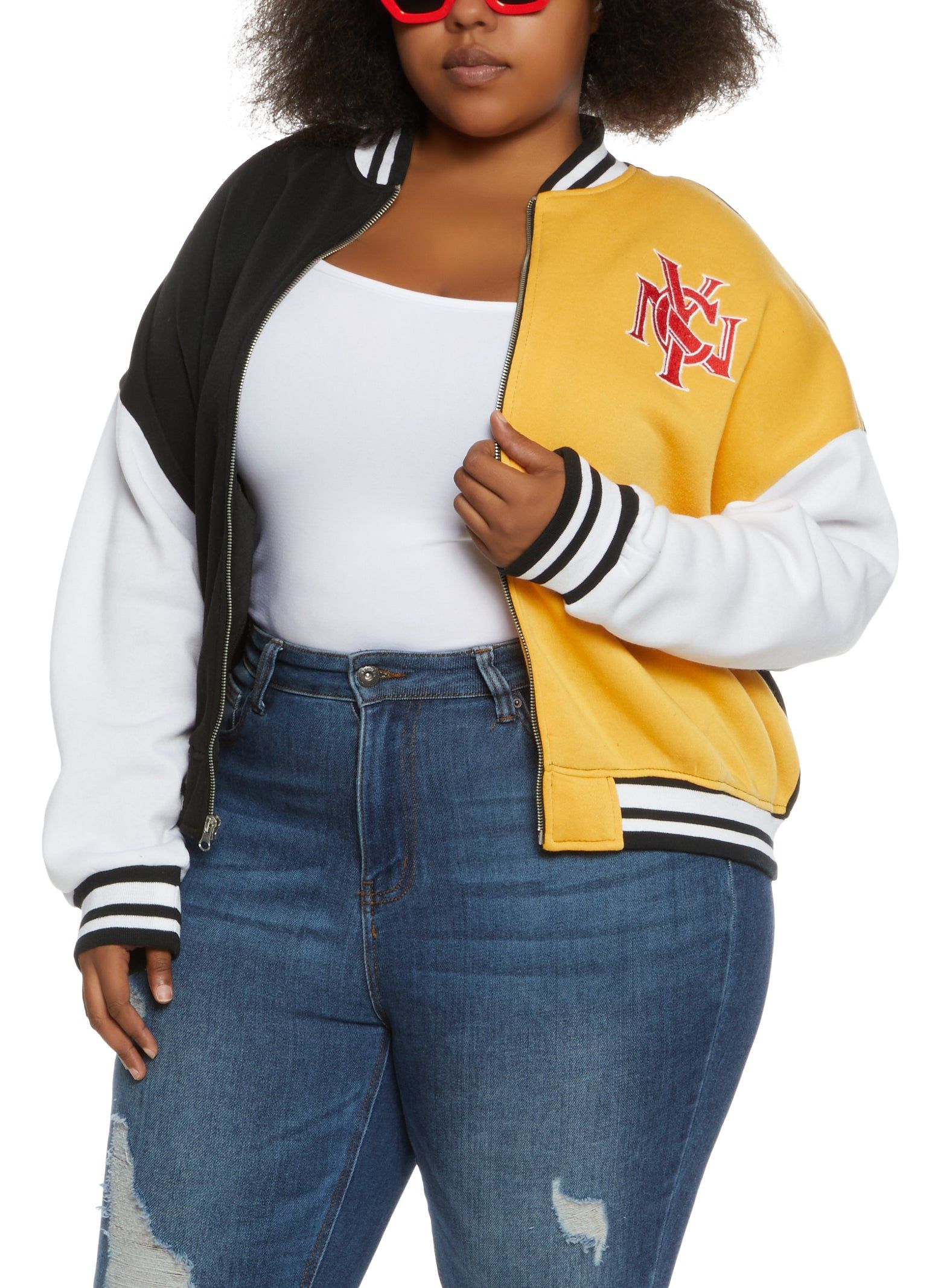 Plus Size Color Block NYC Zip Up Varsity Jacket sold by Rainbow