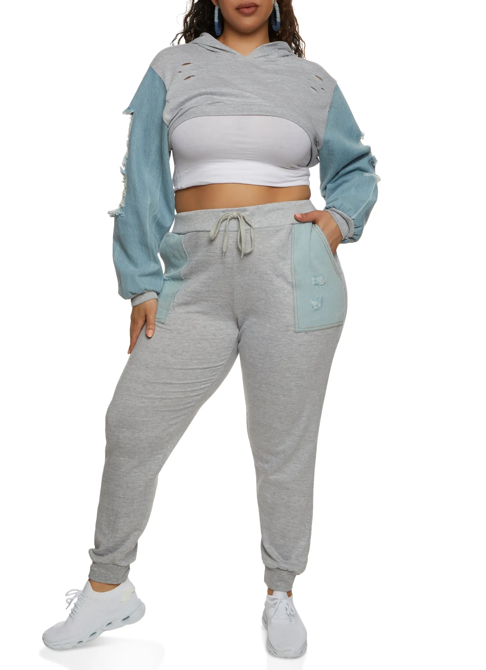 Plus Size Distressed Denim Sleeve Shrug Hoodie sold by Rainbow product image thumbnail 2