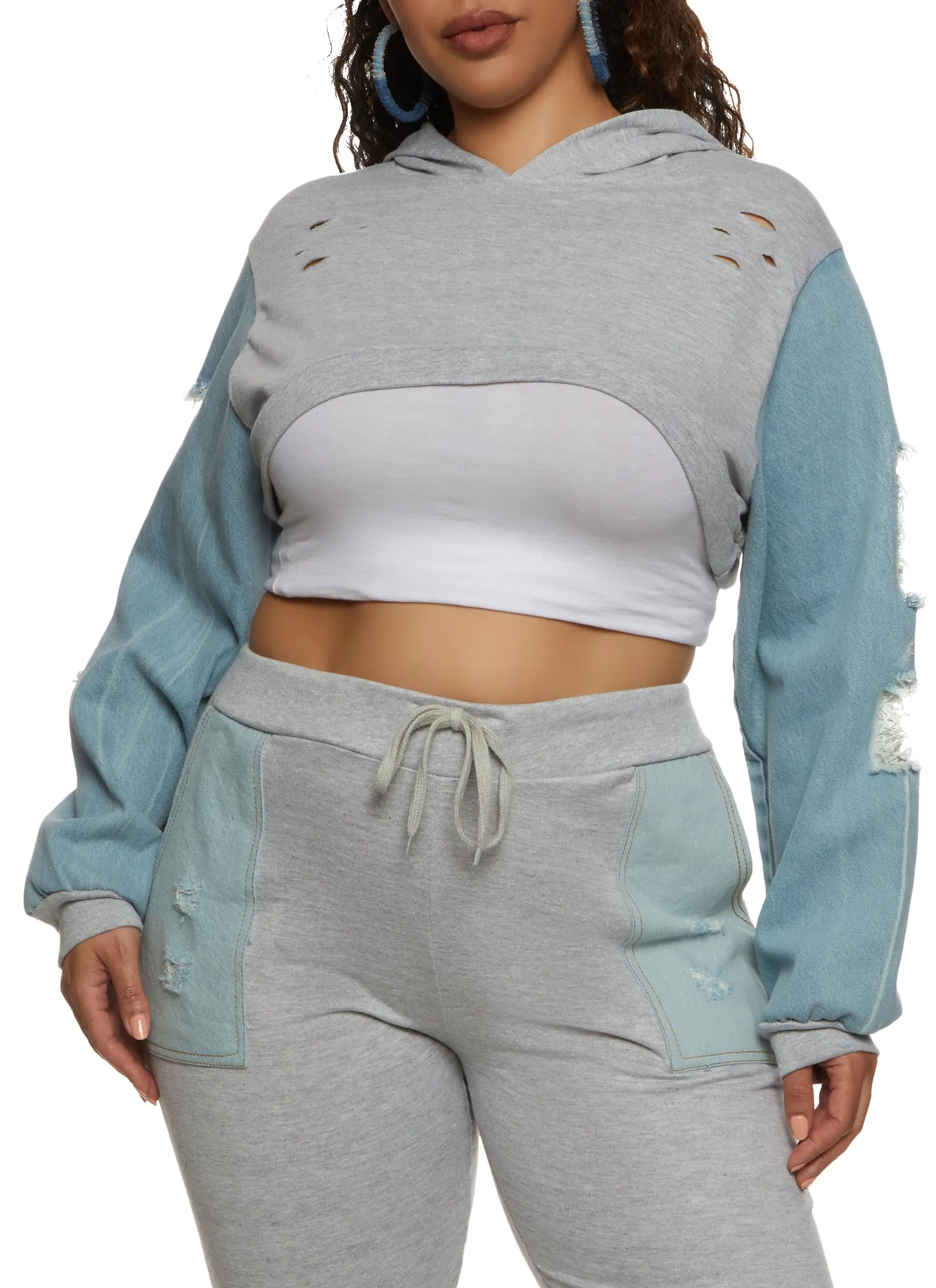 Plus Size Distressed Denim Sleeve Shrug Hoodie sold by Rainbow