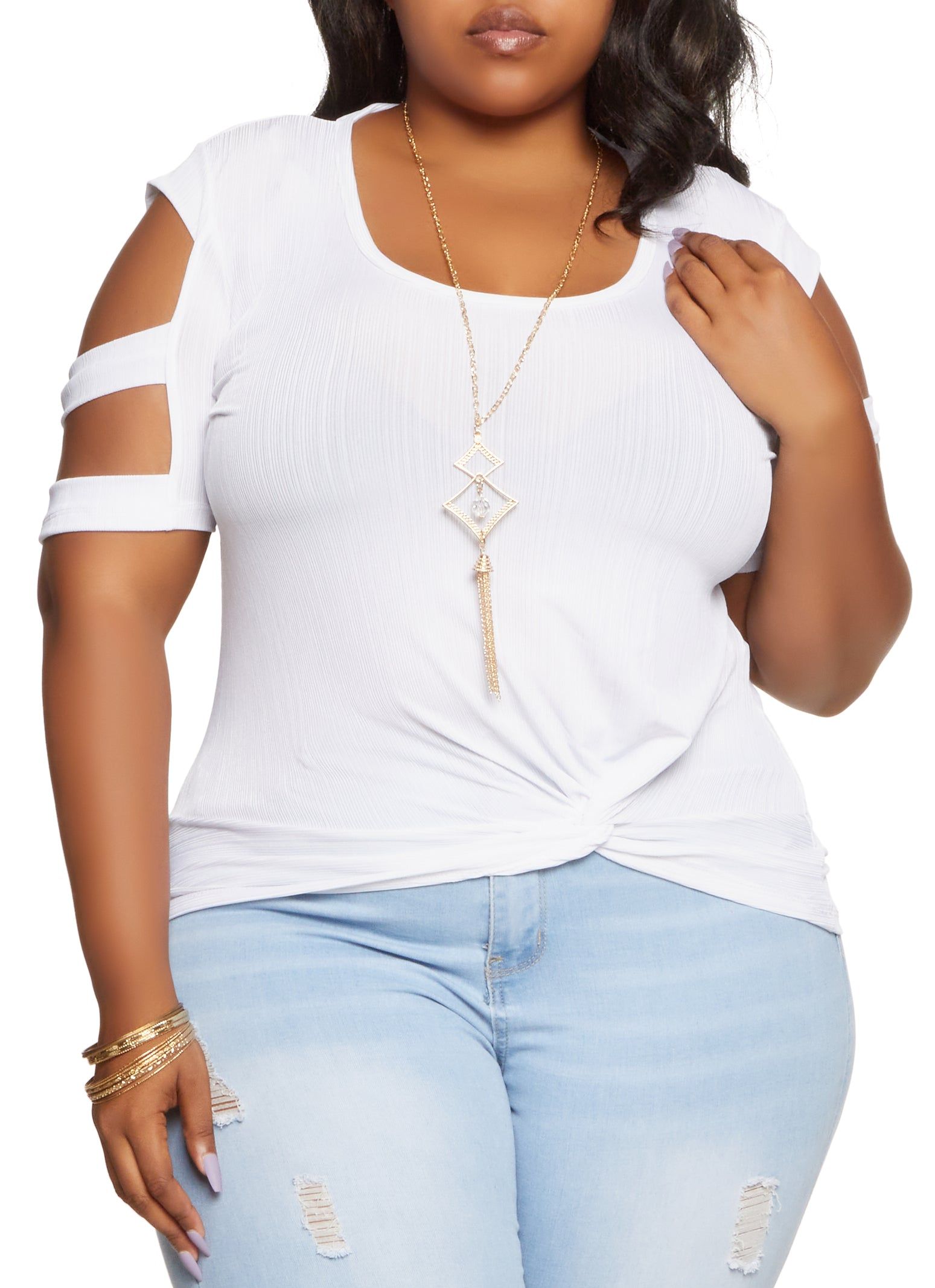 Plus Size Cut Out Sleeve Shadow Stripe Top with Necklace sold by Rainbow