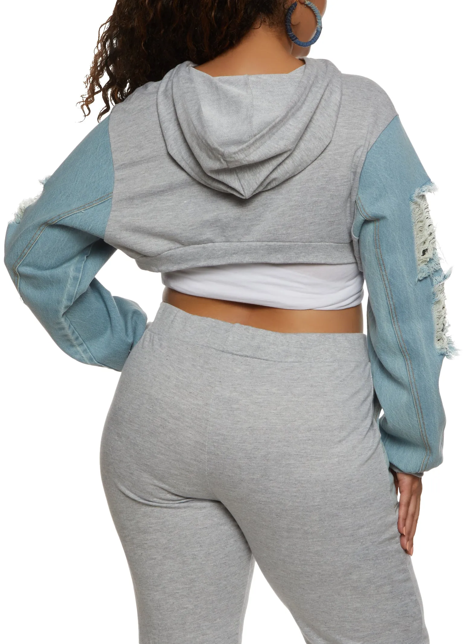 Plus Size Distressed Denim Sleeve Shrug Hoodie sold by Rainbow product image thumbnail 3