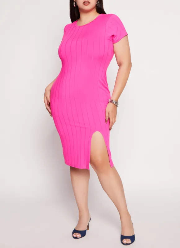 Plus Size Ribbed Knit Side Slit T Shirt Dress sold by Rainbow