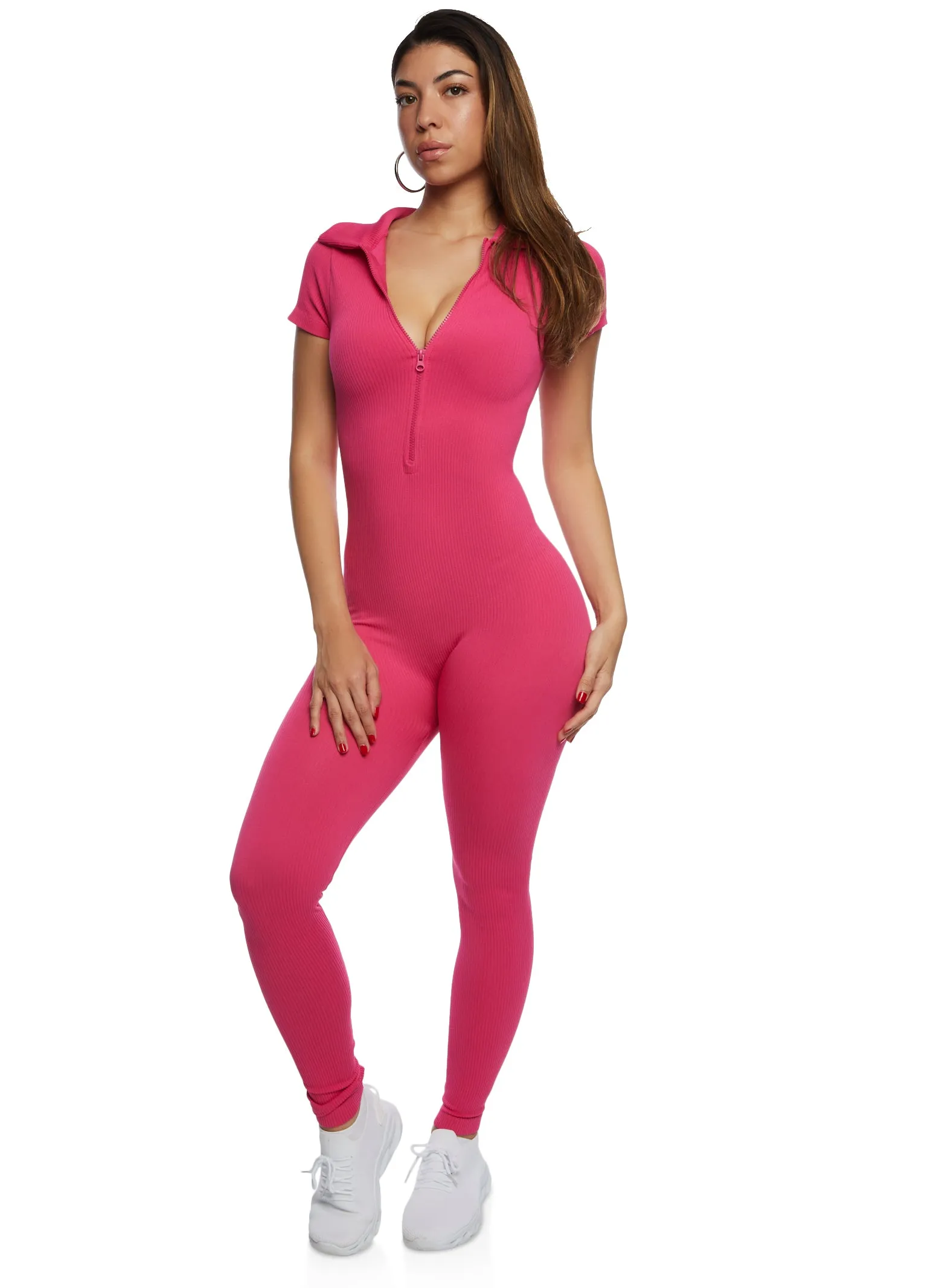 Seamless Ribbed Collared Zip Front Jumpsuit sold by Rainbow