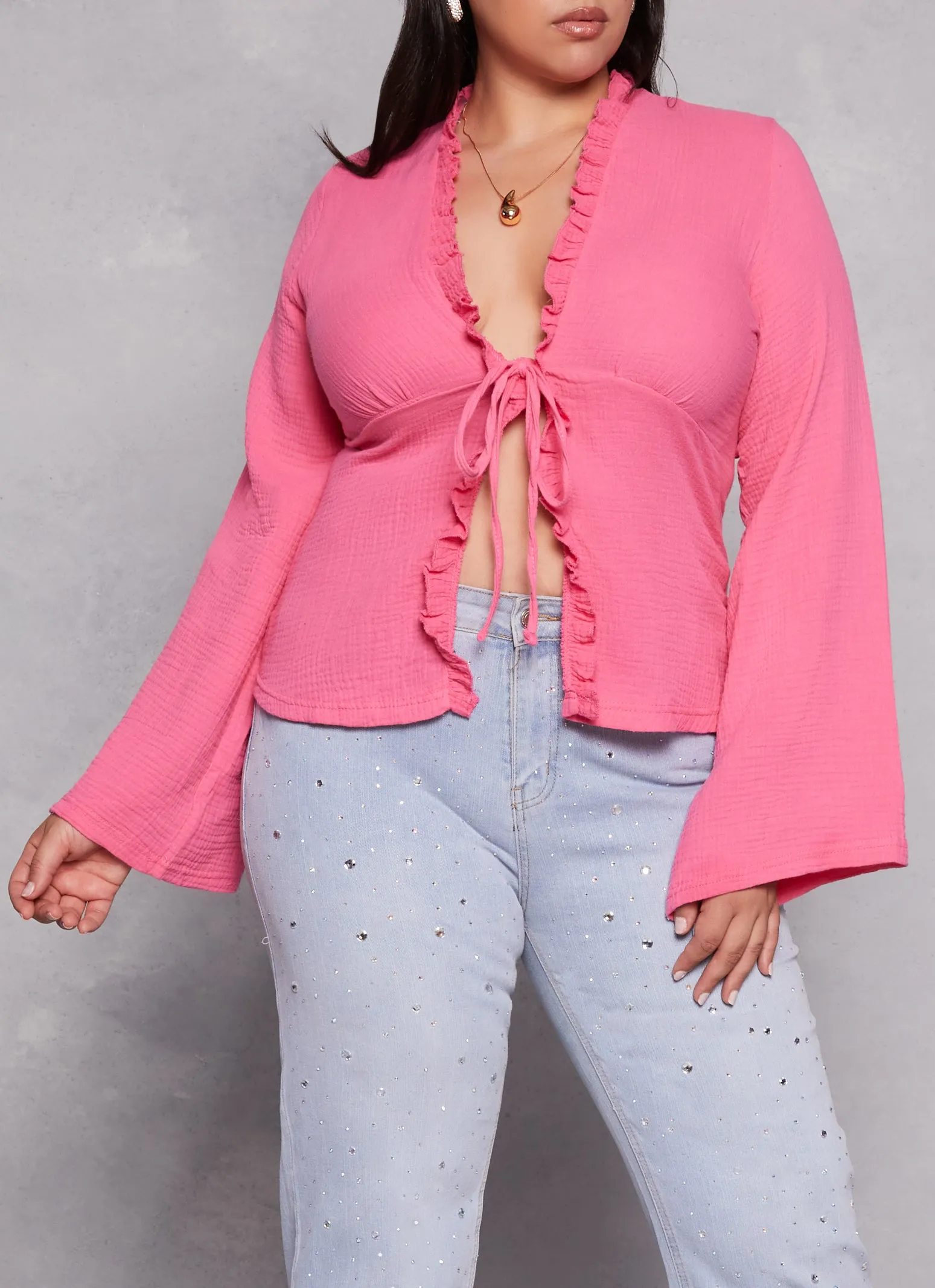 Plus Size Gauze Knit Tie Front Blouse sold by Rainbow