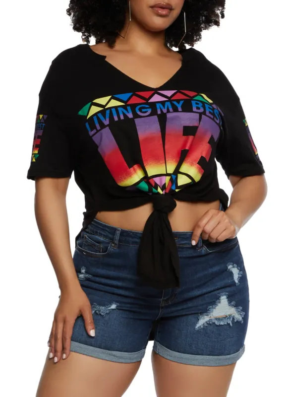 Plus Size Living My Best Life Hanky Hem Graphic Tee sold by Rainbow