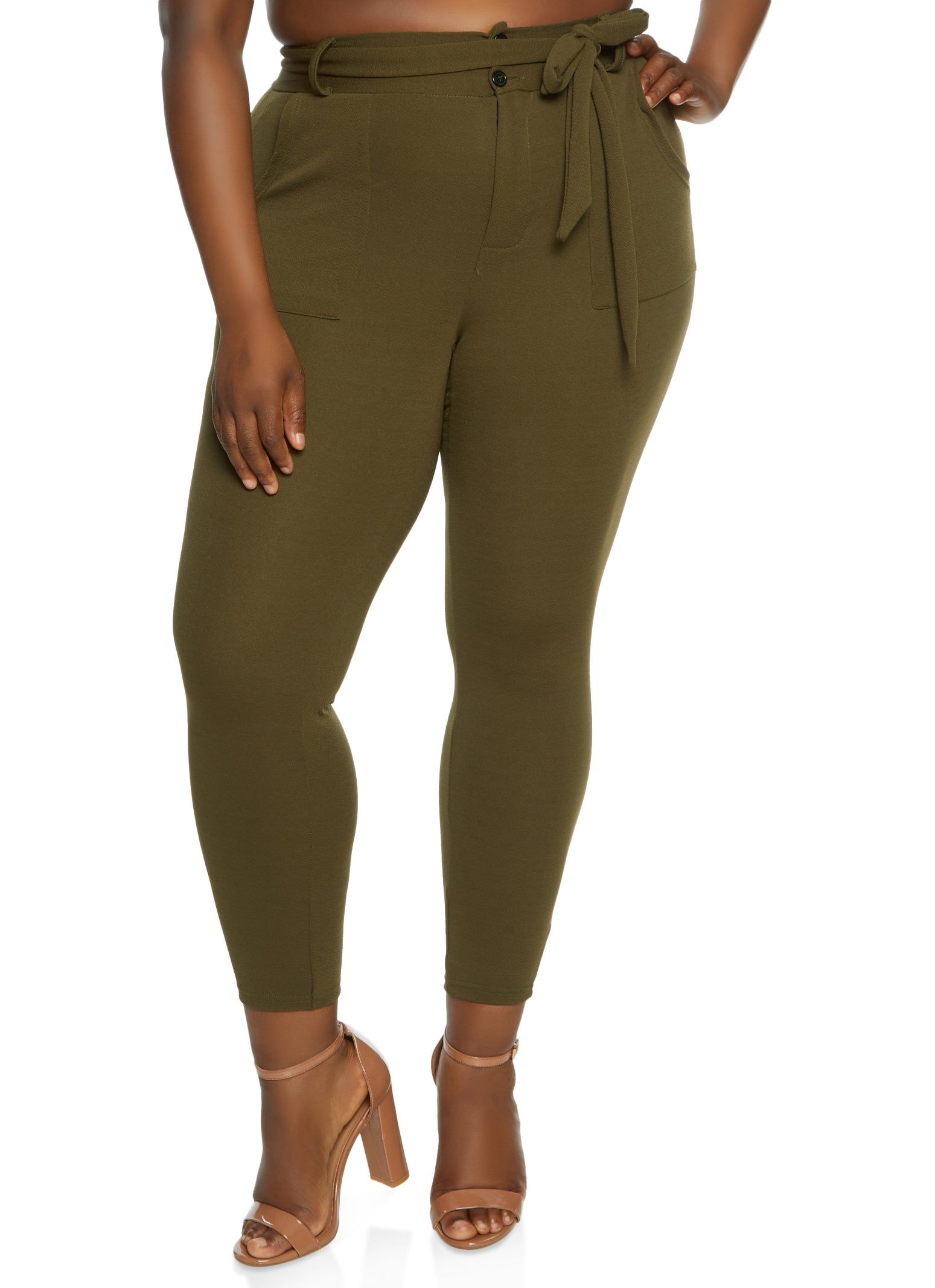 Plus Size Crepe Knit Belted Skinny Dress Pants sold by Rainbow