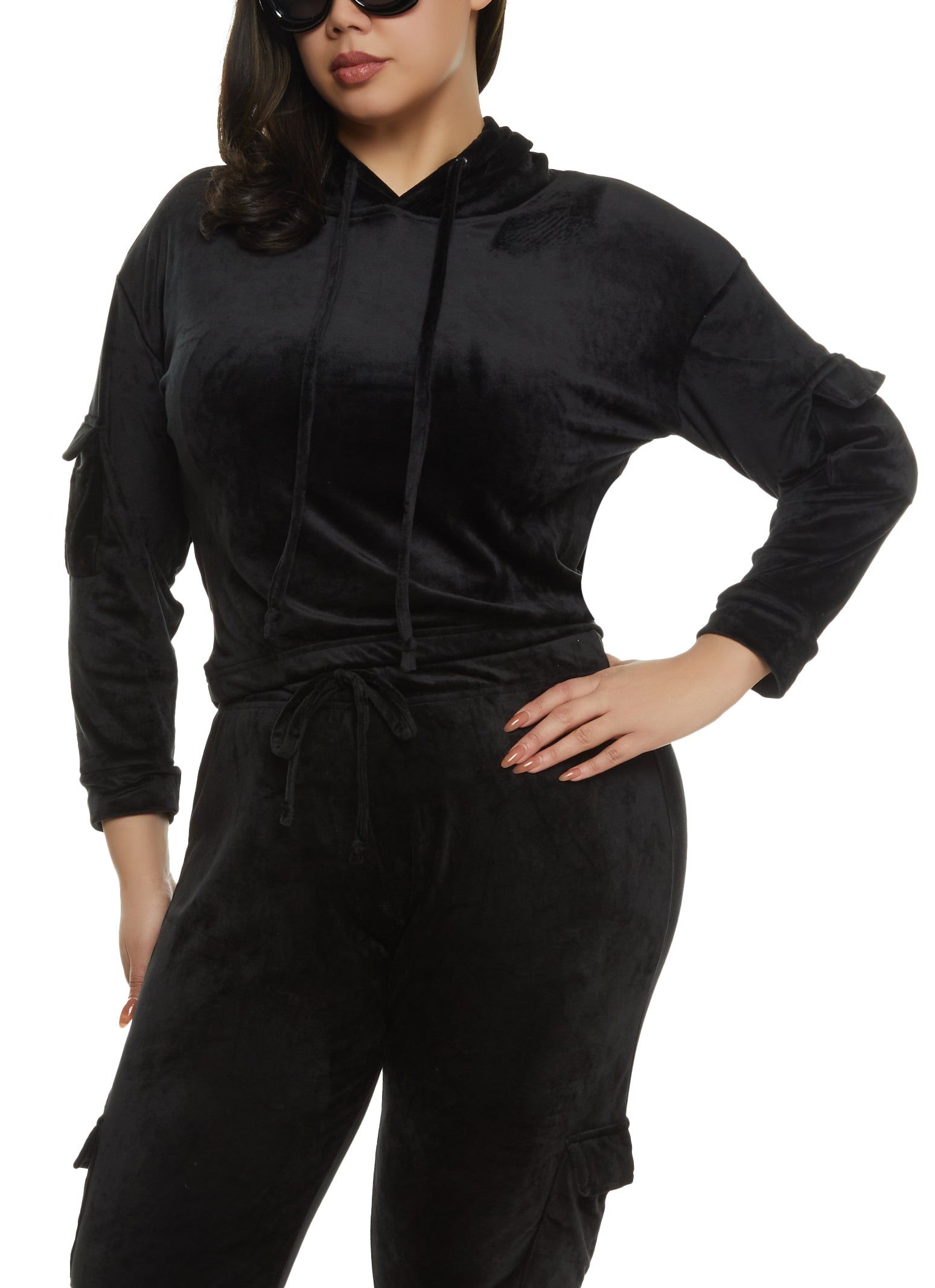 Plus Size Velour Cargo Pocket Sleeve Hoodie sold by Rainbow