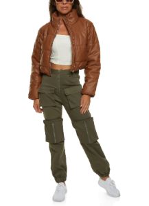 Faux Leather Cropped Puffer Jacket sold by Rainbow