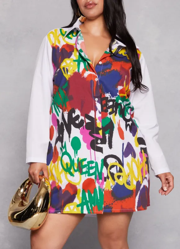 Plus Size Graffiti Print Button Front Shirt Dress sold by Rainbow