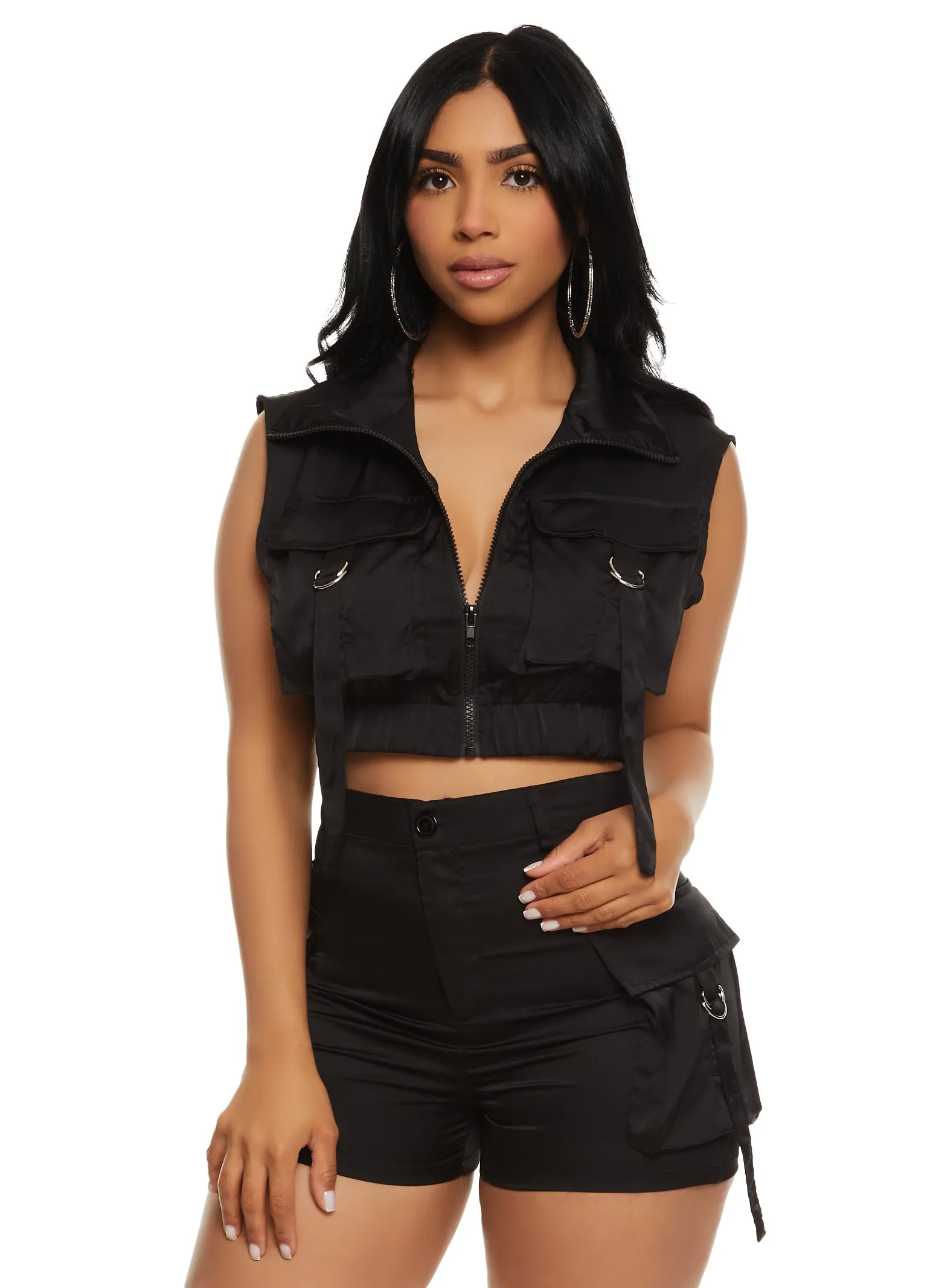 Daisy Satin Cargo Pocket Zip Front Top sold by Rainbow