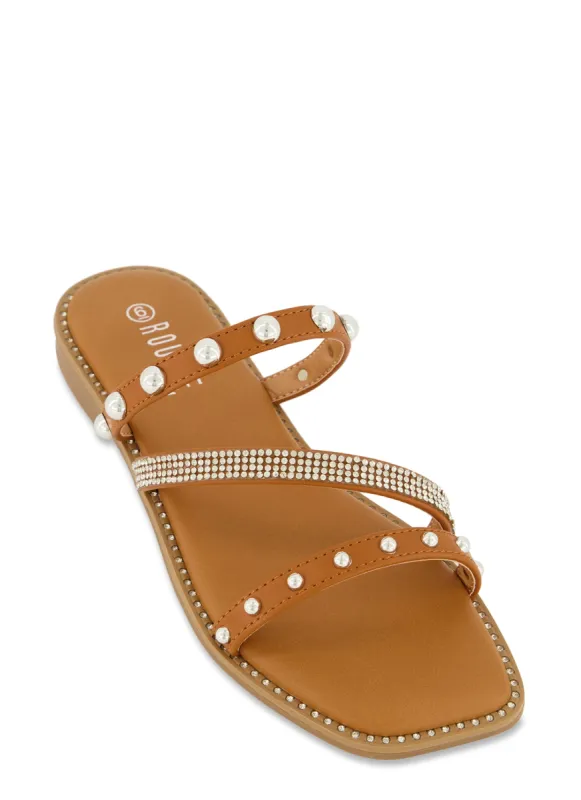 Rhinestone Studded Asymmetrical Strap Slide Sandals sold by Rainbow