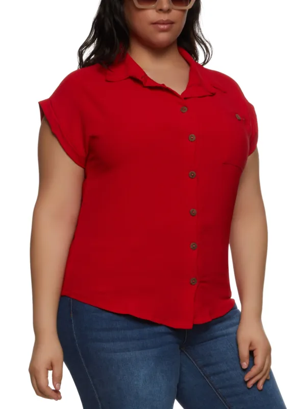 Plus Size Button Front Cap Sleeve Shirt sold by Rainbow