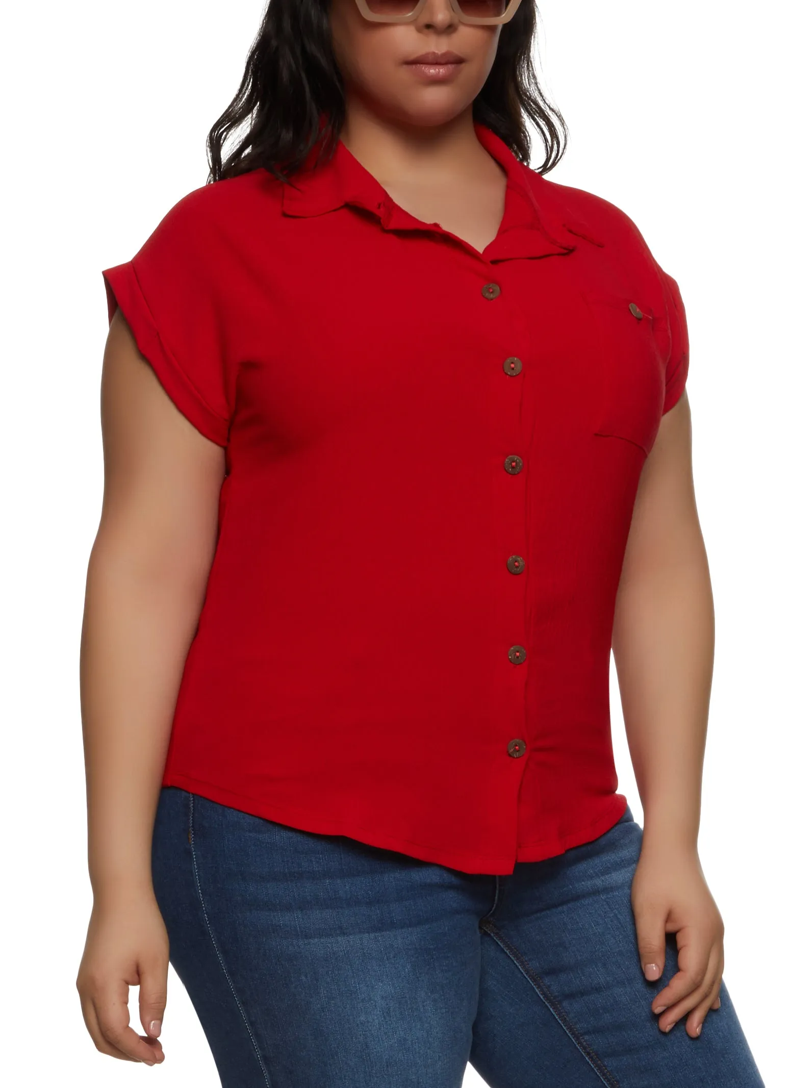 Plus Size Button Front Cap Sleeve Shirt sold by Rainbow