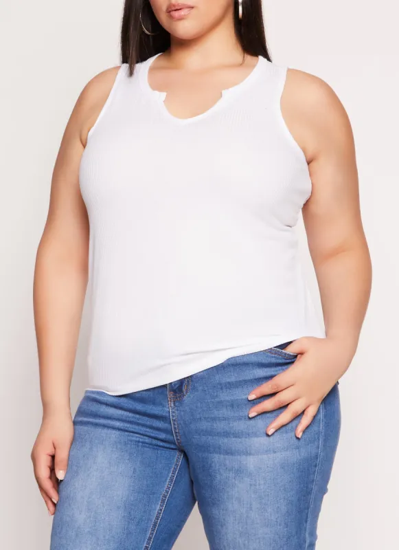 Plus Size Rib Knit Notch Neck Tank Top sold by Rainbow