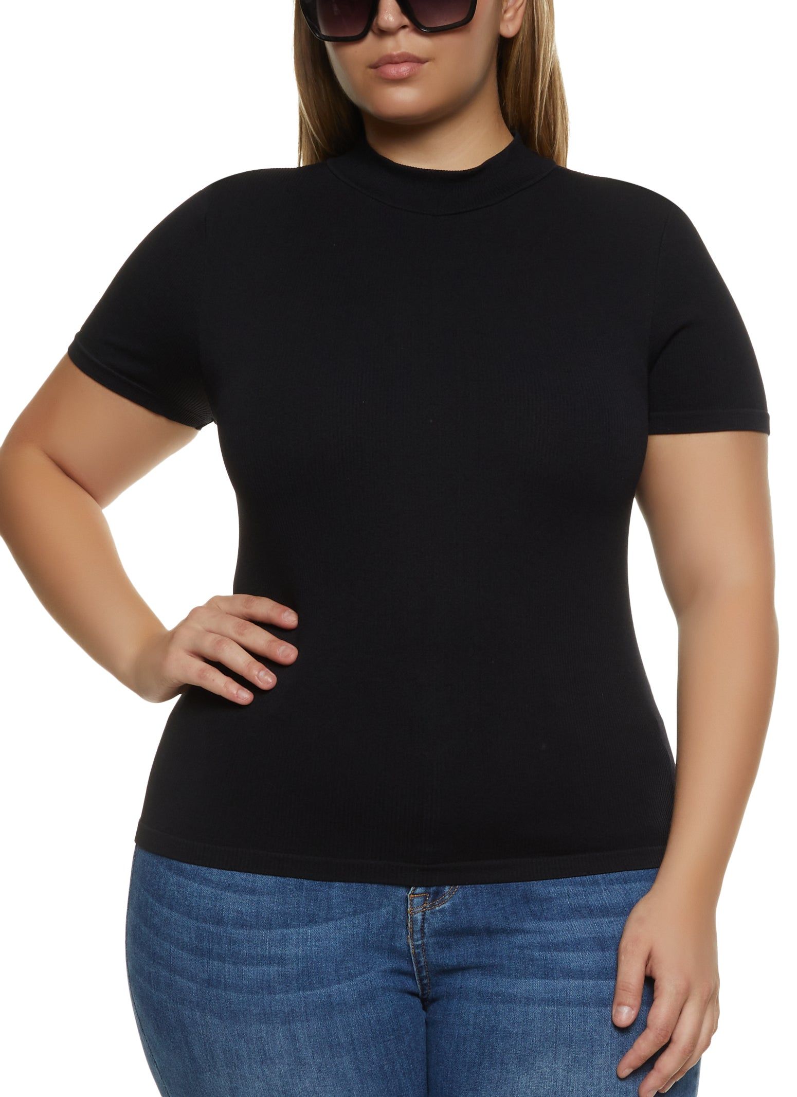 Plus Size Seamless Mock Neck Short Sleeve Tee sold by Rainbow