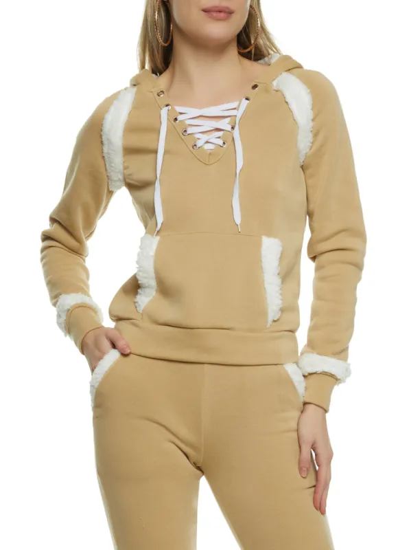 Sherpa Lined Lace Up Pullover Hoodie sold by Rainbow