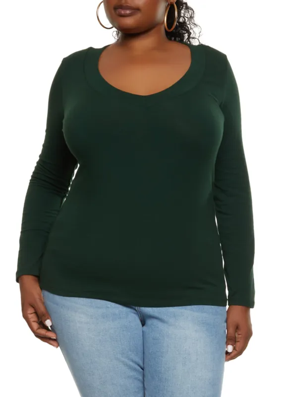 Plus Size Solid V Neck Long Sleeve Tee sold by Rainbow