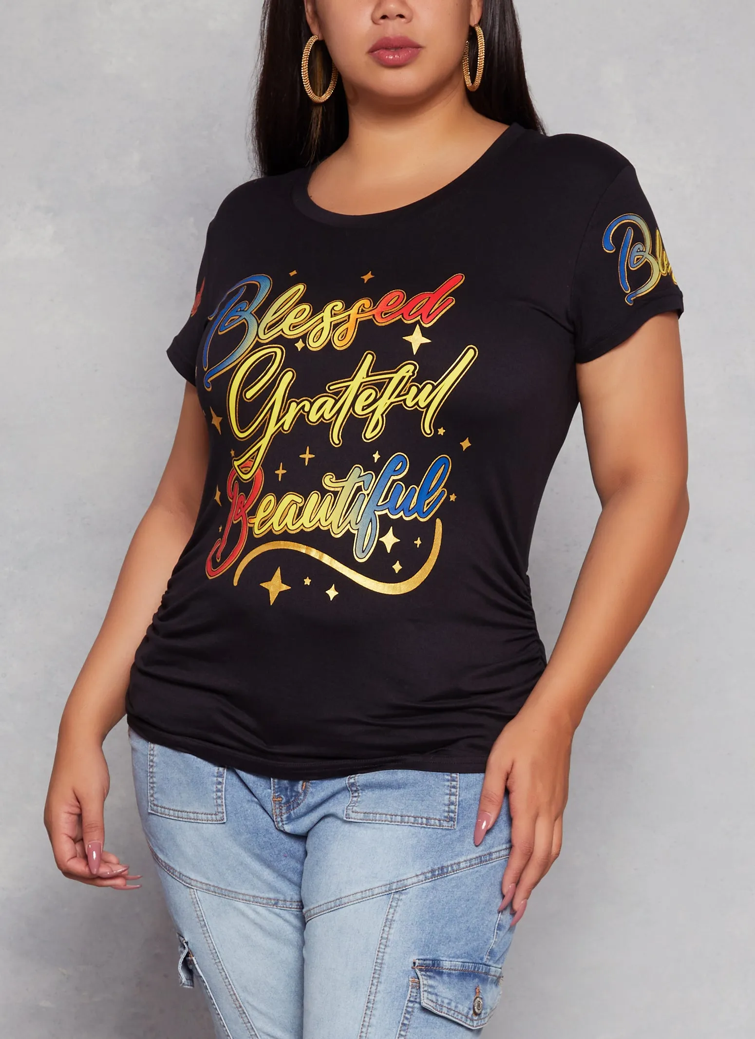 Plus Size Ruched Side Graphic Tee sold by Rainbow