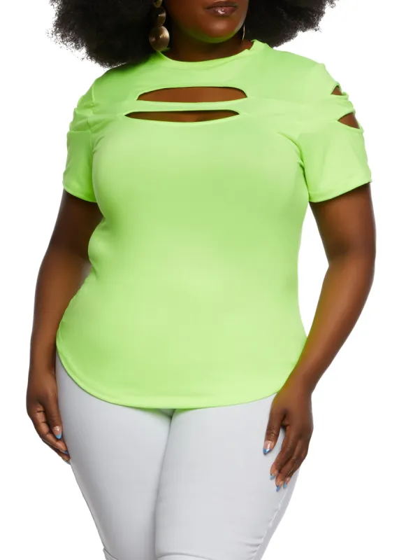 Plus Size Cut Out Crew Neck T Shirt sold by Rainbow