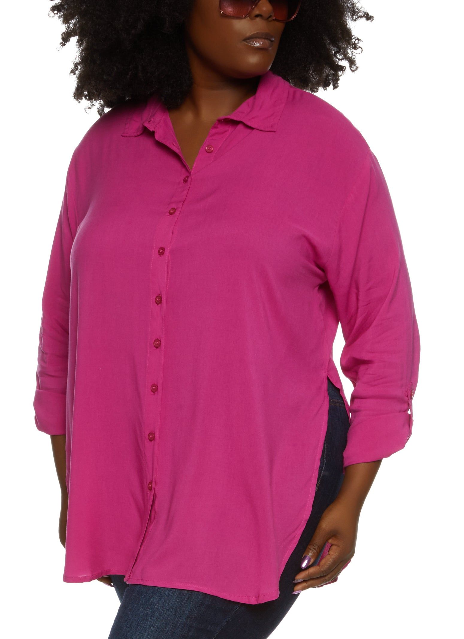 Plus Size Solid Button Front Tunic Shirt sold by Rainbow