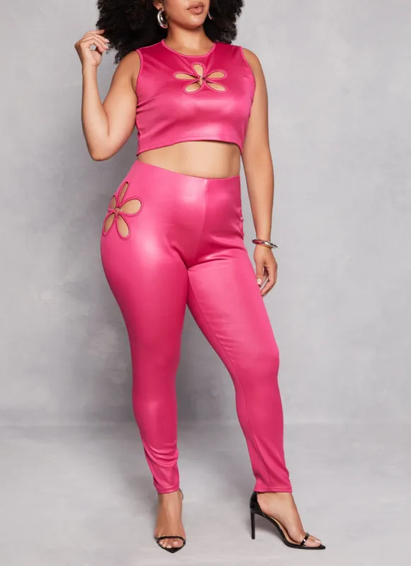 Plus Size Leather Look Flower Keyhole Leggings sold by Rainbow