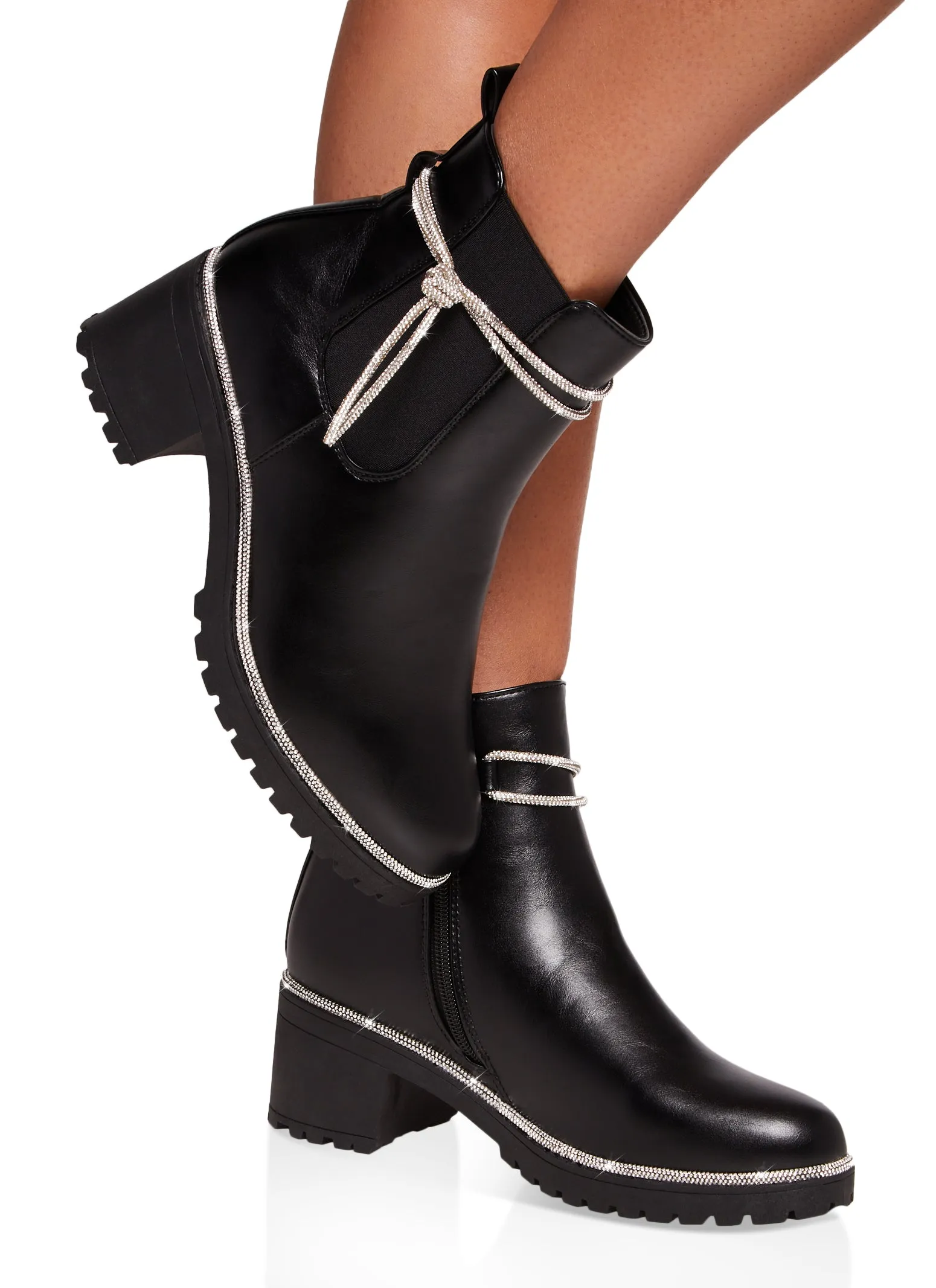 Rhinestone Trim Knot Detail Block Heel Booties sold by Rainbow